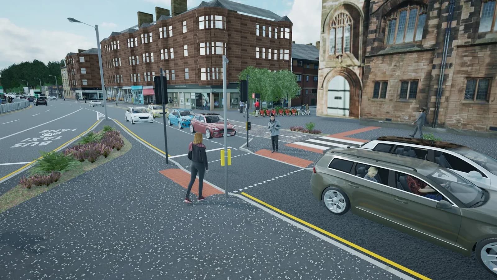 A digital rendering of a busy city street with multiple cars, pedestrians, and buildings.
